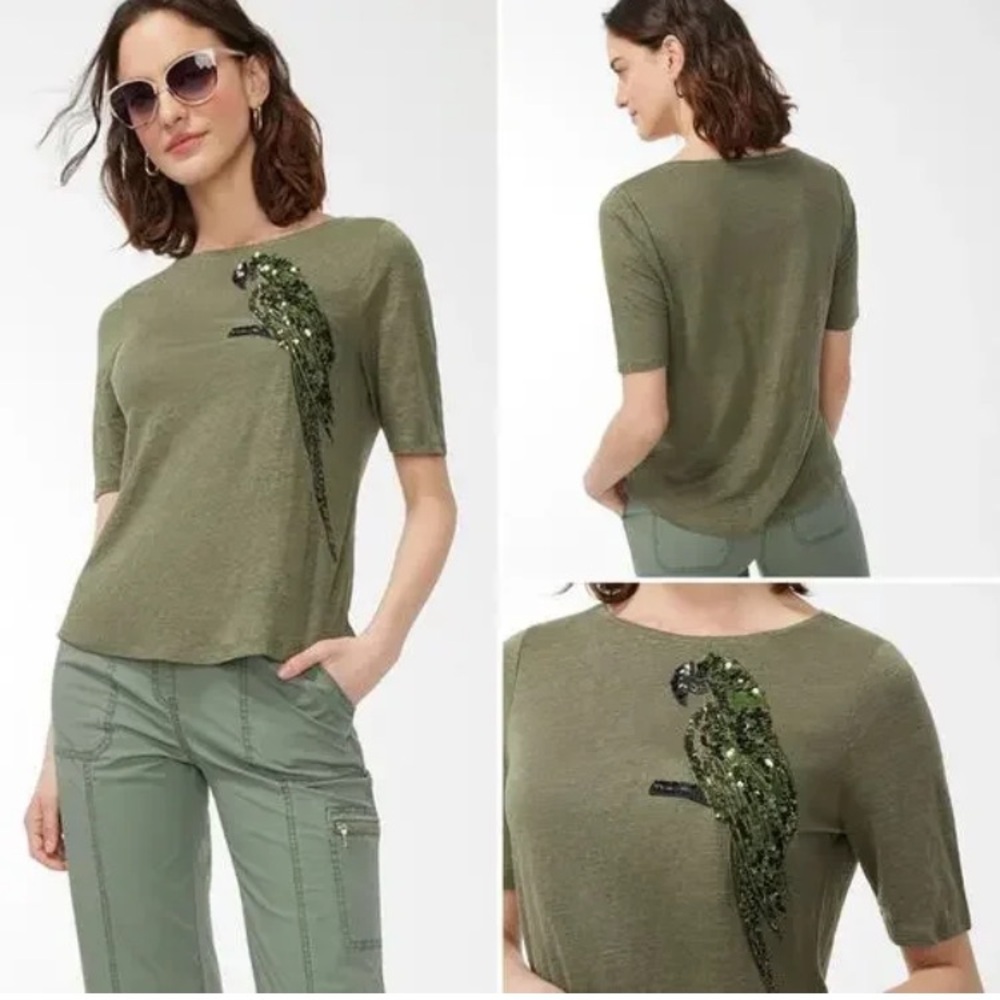 Chico’s 100% Linen Shirt Olive Green Graphic Sequin Parrot Size Medium Tropical